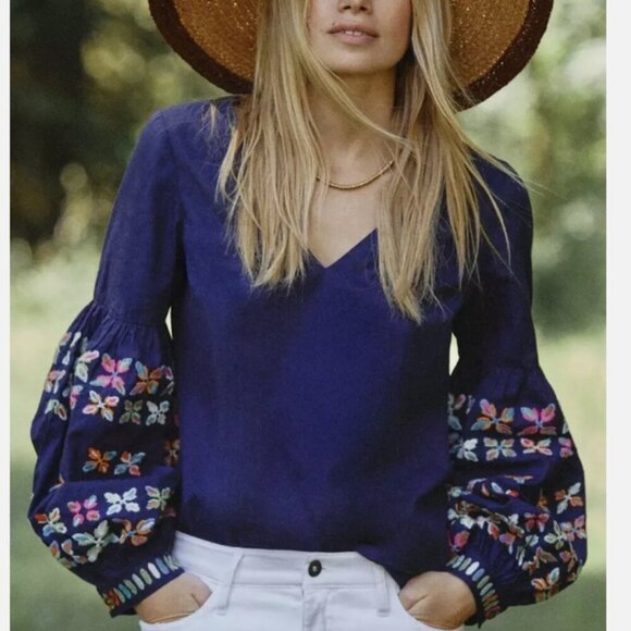 Jennifer & Grace Tops - Blue Floral Embroidered V-neckline Long Sleeve Multicolour Top Size Medium